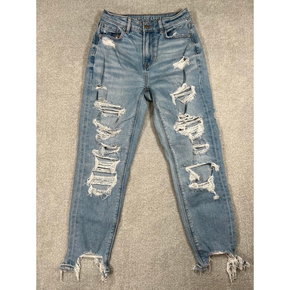 American Eagle Mom Jean Womens 0 Short Light Wash Distressed Ripped High Waisted